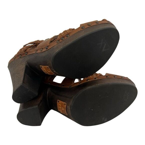 Frye Womens Size 8.5 Woven Leather Sandals Brown Wood Heel Boho Platform Clogs - Picture 7 of 8